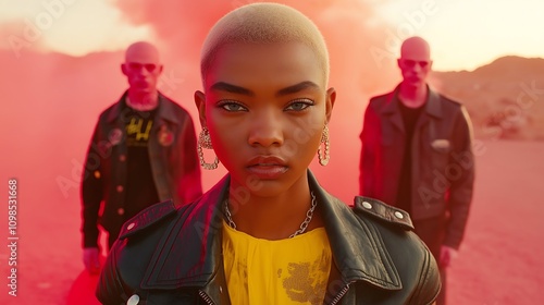 2 Dark african bald women with blue eyes and 2 Albino males with electric yellow dress neon light behind her, pink smoky background, like Mars with pink rocks in the distance photo