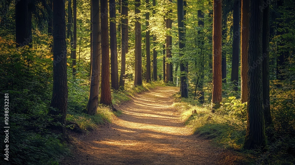 Fototapeta premium Peaceful Trail Through a Lush Forest Surrounded by Towering Trees Capturing the Essence of Tranquility and Natural Beauty in Autumn Light