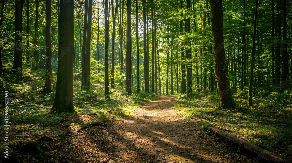 Fototapeta premium Serene Forest Trail Trip in Maka with Towering Trees and Lush Foliage, Inviting Nature Lovers to Explore the Tranquil Beauty of the Woodland Surroundings