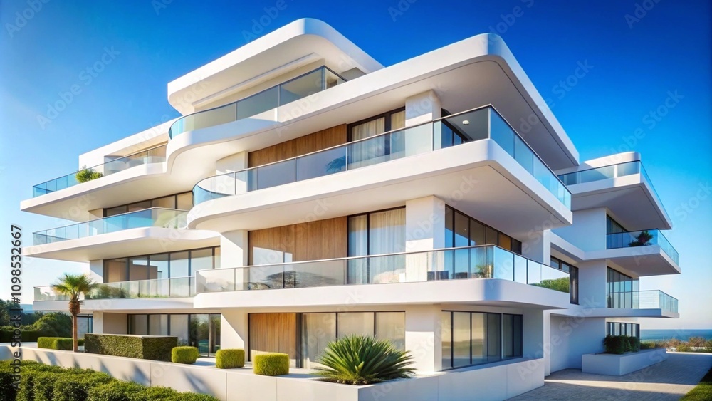 Fototapeta premium Minimalist white modern architecture with sweeping balconies and clean lines against a clear sky
