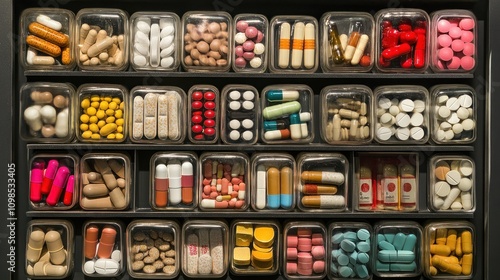 Colorful assortment of pills and capsules in transparent containers.