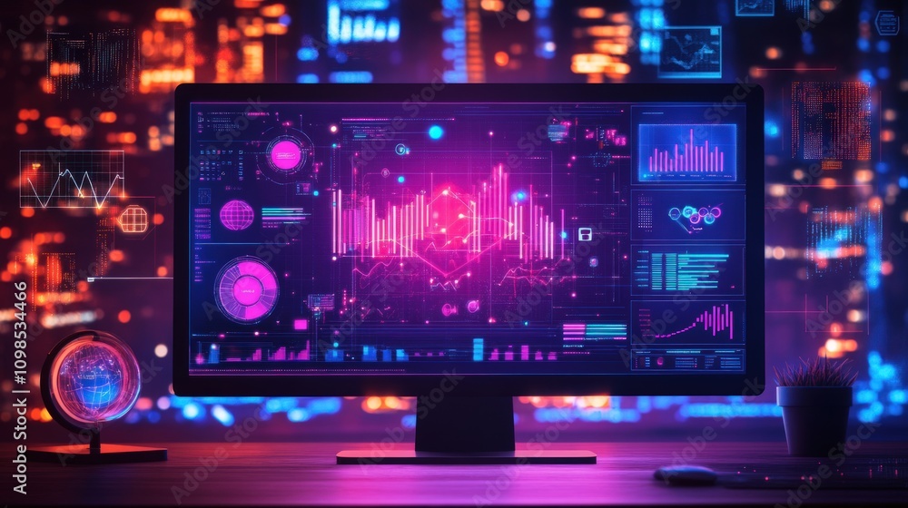Obraz premium Futuristic computer screen displaying data analytics and graphs.