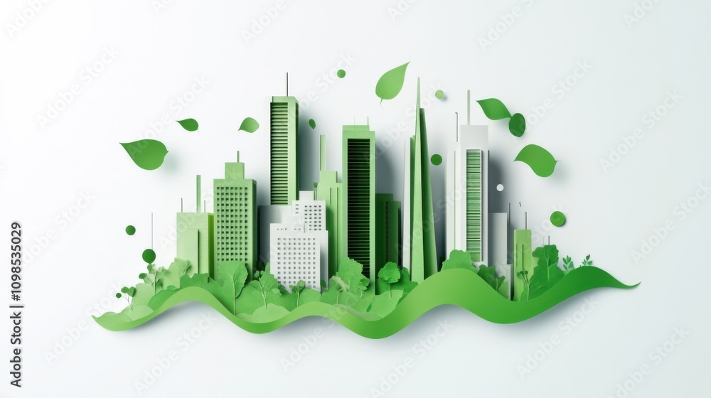 Fototapeta premium A futuristic scene of a green city skyline with integrated algae bioreactors on building facades, symbolizing biotechnology and urban sustainability, minimalist style