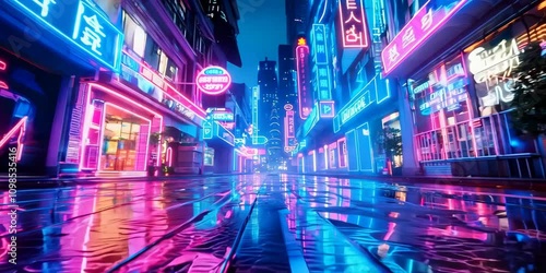 Neon-lit street in a futuristic city, 4K Video