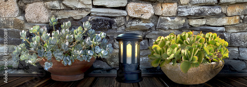succulents plant in pot on a wooden terrace and stoned wall background with l...