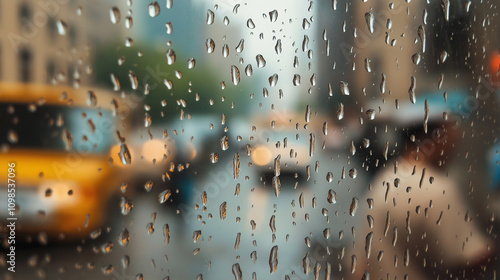 Raindrops covering window during rainy day in city with blurred cars in background photo