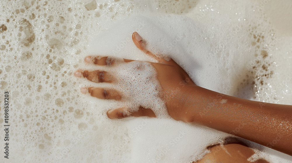 Fototapeta premium Woman hand touching white sea foam on sandy beach
