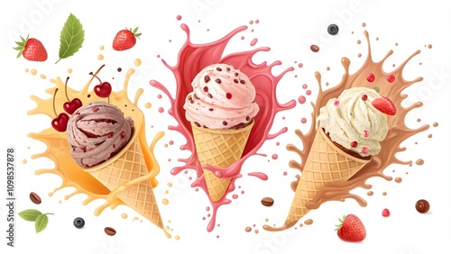 Set of delicious ice cream explosions, cut out, ice cream splash, ice cream explosion
