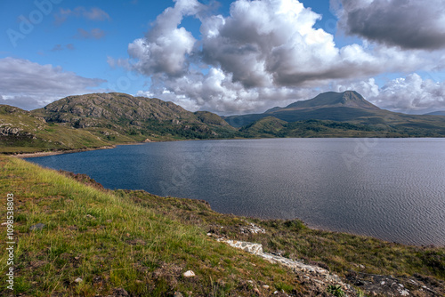 Driving on the scenic route North Coast 500, Scotland, near Loch Droma