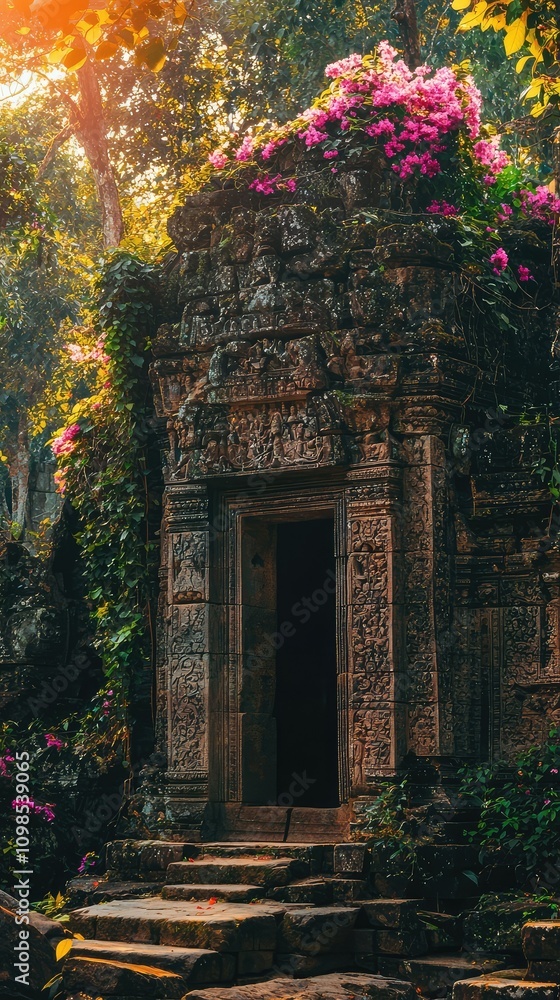 Naklejka premium Mystical Ancient Temple Hidden in the Jungle Surrounded by Lush Vines and Vibrant Flowers Illuminated by Soft Sunlight