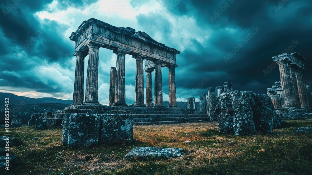 Fototapeta premium Majestic Ancient Stone Temple Under Dramatic Cloudy Skies with Striking Lighting, Set Against Lush Greenery and Tumultuous Atmosphere, Captivating Viewpoint