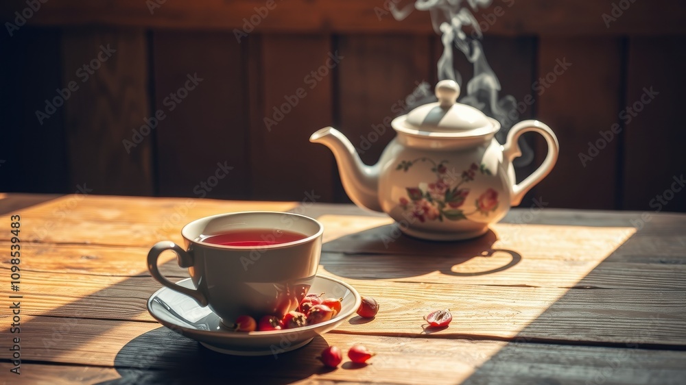 Fototapeta premium A steaming cup of tea sits on a wooden table beside a teapot, bathed in the warm glow of sunlight.