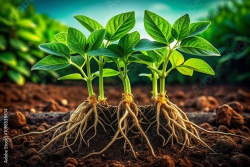 Green Soybean Plants Growing in Rich Soil with Exposed Roots, Showcasing Sustainable Agriculture Practices and Healthy Crop Development