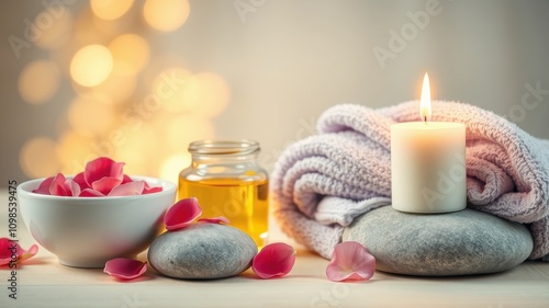 A relaxing spa scene with a burning candle, a bowl of rose petals, stones, and a jar of oil, set against a backdrop of soft, shimmering lights.
