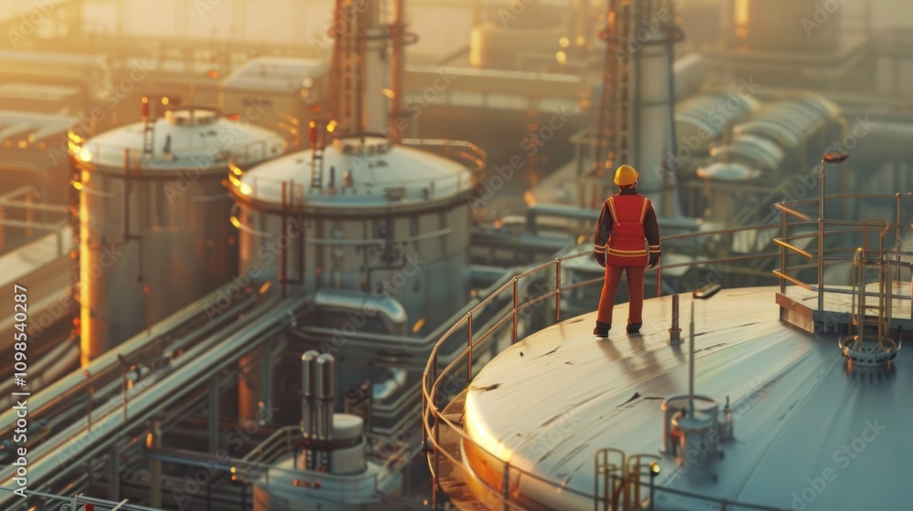 Obraz premium Worker with process machinery in oil blending factory Worker on top of storage tanks in oil blending factory