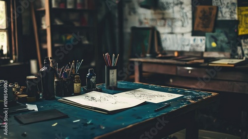 Wallpaper Mural Creative Workspace of an Artist Featuring Open Ink Bottles and a Sketch Pad Set Against a Unique Artistic Background Torontodigital.ca