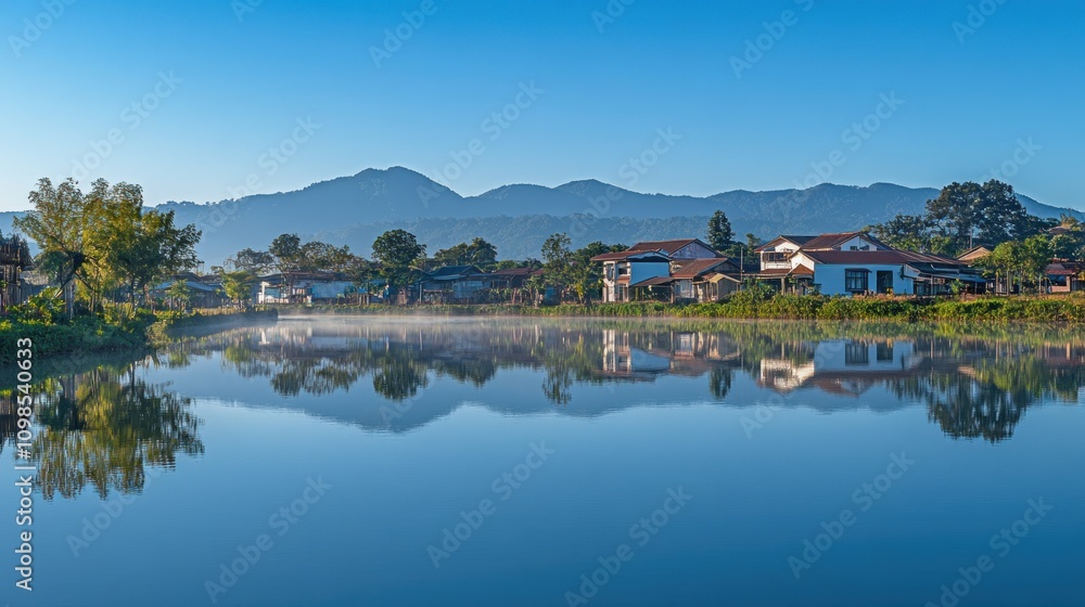 Obraz premium Peaceful Village Lakeside Serenity Mountain View