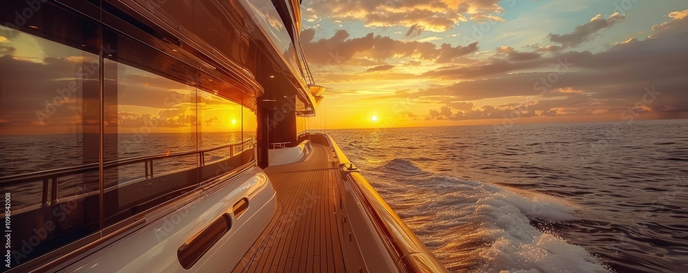 Luxurious yacht sailing on the open ocean captured at sunset, symbolizing adventure and wealth
