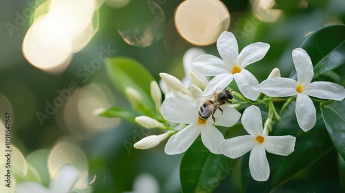 A Close-Up of a Bee Resting on Delicate White Jasmine Flowers Surrounded by Lush Green Leaves and Soft Bokeh Background