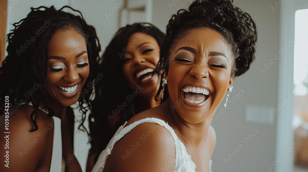 Obraz premium Joyful Bride and Bridesmaids Sharing Laughter Together in a Heartwarming Moment Before the Wedding Ceremony, Celebrating Love and Friendship