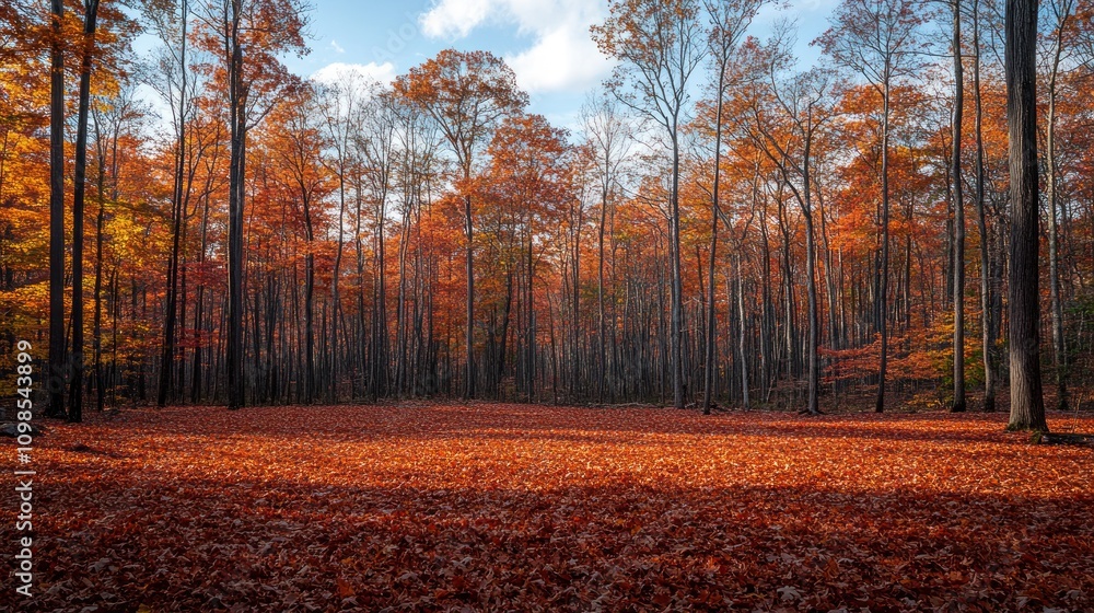 Fototapeta premium Autumn Forest Scene With Fallen Leaves