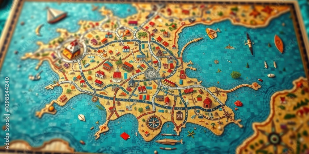 Obraz premium A colorful and intricate board game map featuring a whimsical island with charming houses, winding roads, and boats sailing in the surrounding sea.