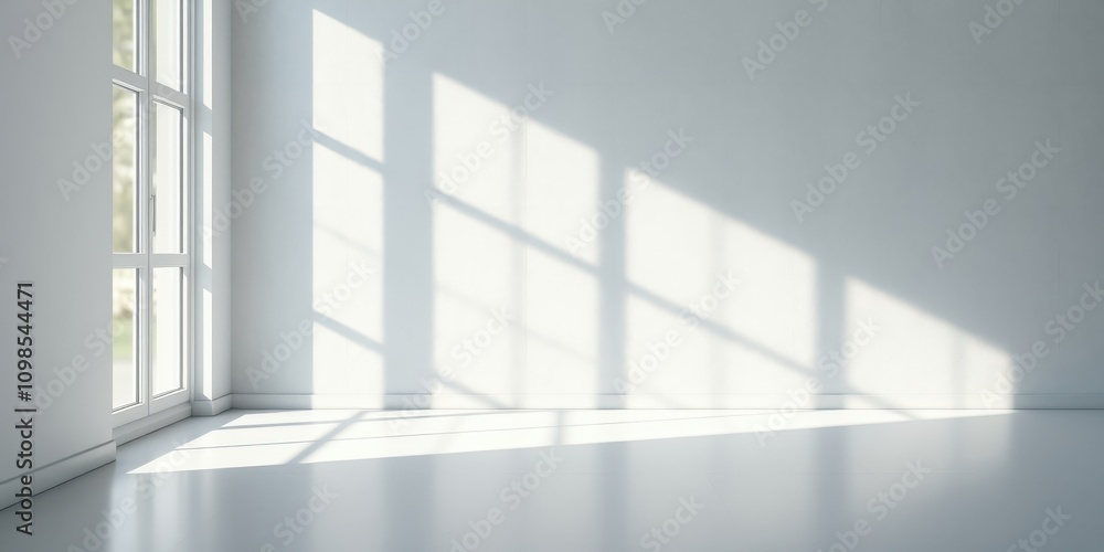 Obraz premium Sunlight streaming through a window casts a grid pattern of shadows on the white wall of an empty room