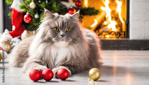 Pet near Christmas tree with gifts
