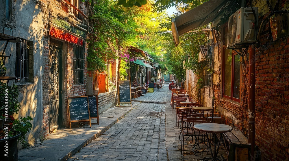 Obraz premium Serene Urban Alleyway in Maka City Featuring Charming Brick Walls and Inviting Outdoor Seating in a Picturesque Setting