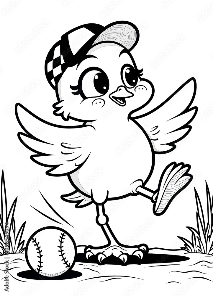 Fototapeta premium Vector Line Art Chick with Baseball Cap and Ball