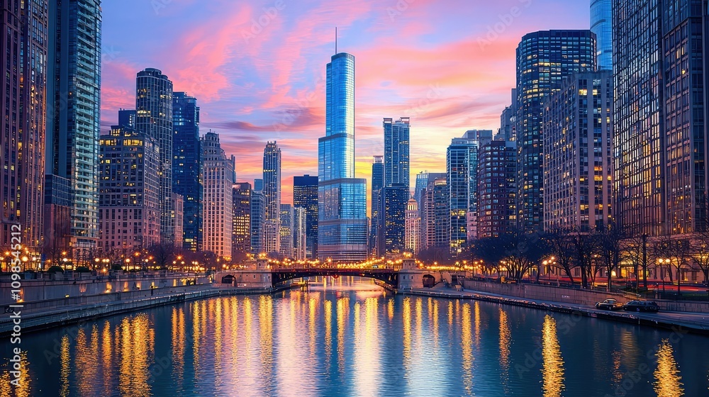 Fototapeta premium Stunning Twilight Cityscape with Illuminated Skyscrapers and Reflective River in Urban Landscape