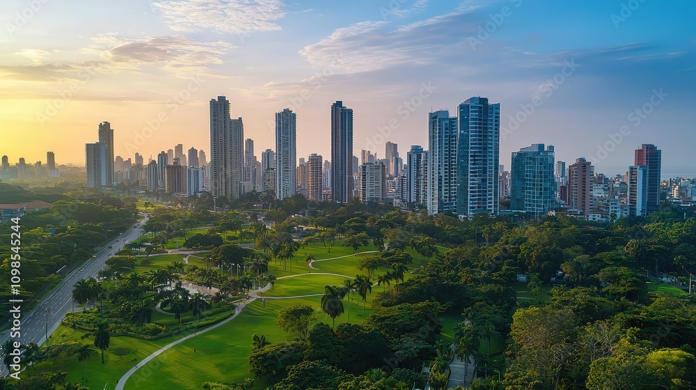 Obraz premium A Serene Cityscape View Overlooking a Large Urban Park with Skyscrapers and a Vibrant Sunset Sky in the Background