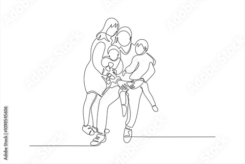 A continuous line drawing of a family interacting joyfully.