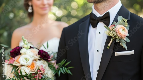 Elegant Close-Up of Groom's Boutonniere Paired with Bride at a Wedding Ceremony Surrounded by Lush Greenery and Beautiful Floral Arrangements