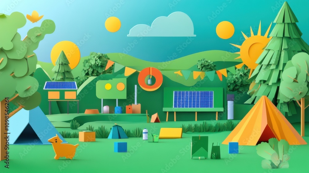 Fototapeta premium A green festival with tents, solar-powered stages, and recycling stations
