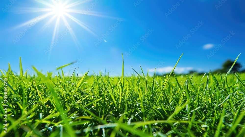 Obraz premium Fresh Green Grass Bathed in Bright Sunlight Beneath a Clear Blue Sky, Capturing the Essence of Nature in Vibrant Detail for Your Creative Projects