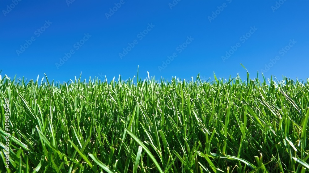 Obraz premium Close-Up of Fresh Green Grass Illuminated by Bright Sunlight Against a Clear Blue Sky, Perfect for Nature and Outdoor Themes in Photography
