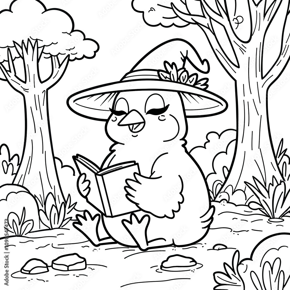 Naklejka premium Line Art Witch Duck Reading Book in Forest