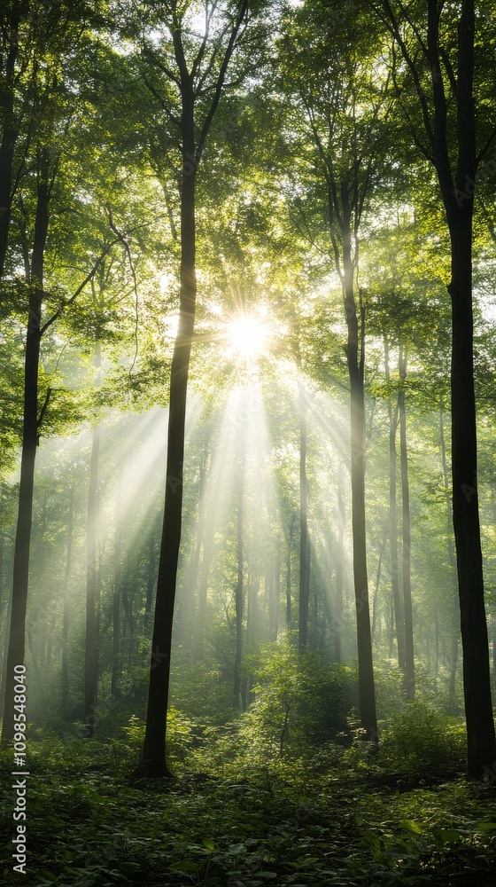 Fototapeta premium Sunlight filtering through dense trees in a lush green forest during midday