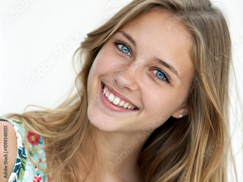Portrait of a smiling blue green eyed woman with shiny teeth and fairly happy face