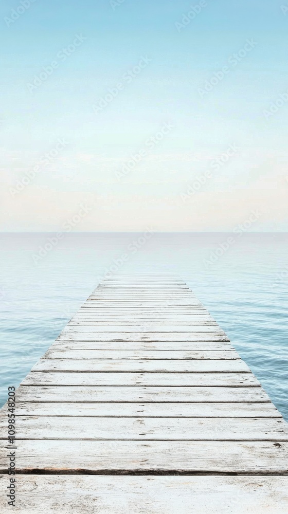 Fototapeta premium Beautiful wooden pier extending into calm blue ocean under clear sky