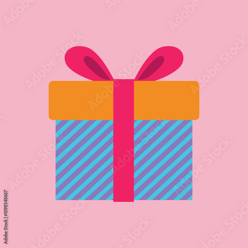 surprise red gift box, birthday celebration, special give away package, loyalty program reward, wonder gift with exclamation mark, vector icon, flat illustration
