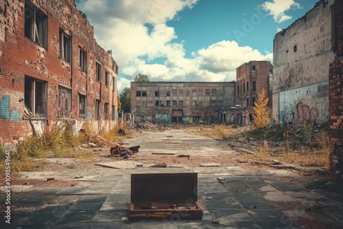 A community gathering place, such as a town square or community center, now deserted and in ruins, showing the fragmentation of social bonds due to war photo