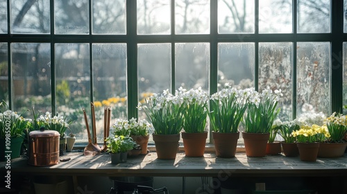 Winter Greenhouse Interior: Frosted Glass and Potted Paperwhites, Natural Daylight, Botanical Setting with Warm Copper Gardening Tools, Editorial Photography Quality. photo