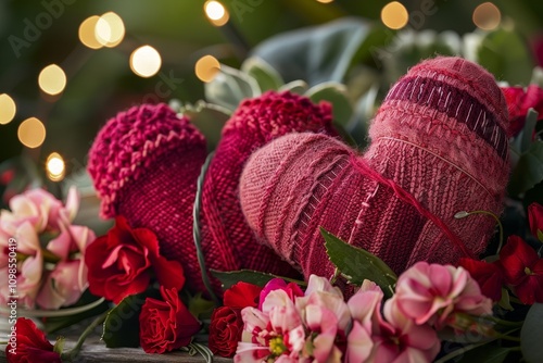 Close up of intertwined red hearts surrounded by flowers and fairy lights for valentine s day photo