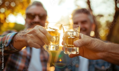 Two senior men raise their glasses in a cheerful toast outdoors in bright sunlight, emanating a sense of camaraderie, celebration, and joyful moments shared together. photo