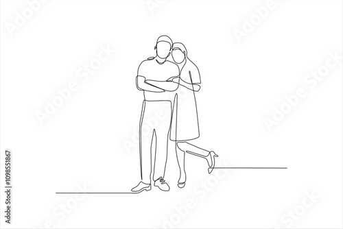 A minimalist line drawing of a couple standing closely together, expressing affection.
