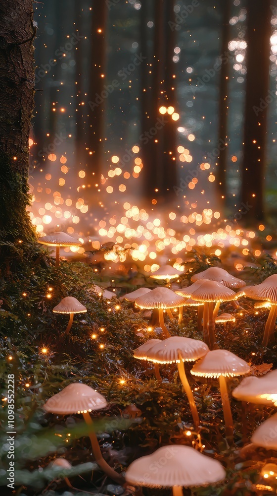 Obraz premium Enchanting Forest Scene with Glowing Mushrooms Surrounded by Sparkling Lights and Mystical Atmosphere in a Captivating Natural Setting