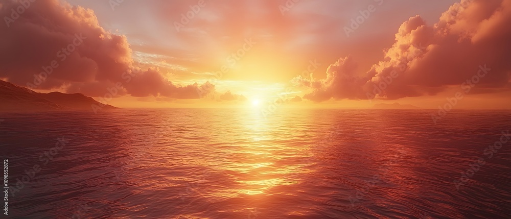 Fototapeta premium Serene Sunset Over Calm Ocean Waters with Vibrant Orange and Pink Sky, Golden Sunlight Reflecting on Tranquil Sea Surface and Soft Clouds in the Background