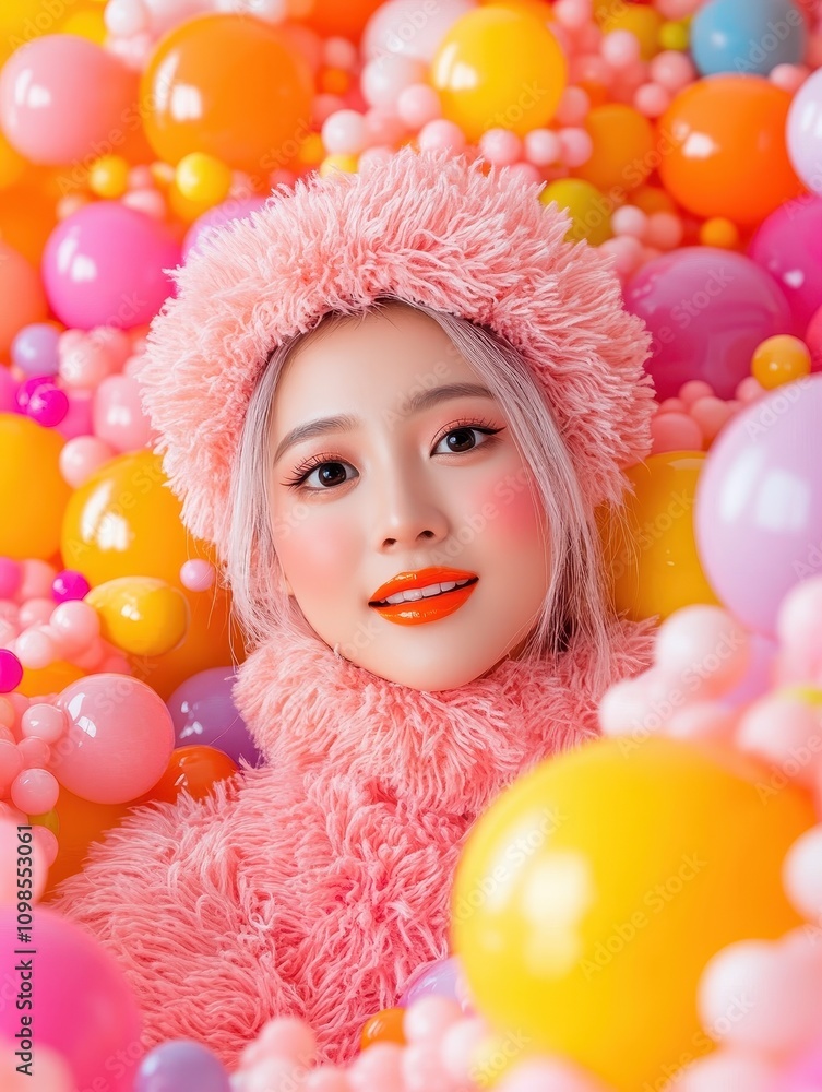 Fototapeta premium Playful Vibrant Scene of Content Creator with Orange Lips Surrounded by Colorful Balls